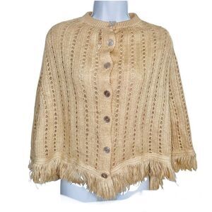 Womens Sweater Poncho OS Beige Sleeveless Cable Knit Fringe One Size